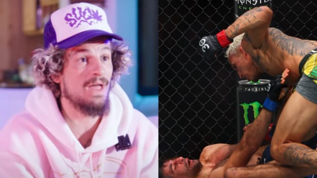 Sean O'Malley reacts to the UFC 289 co-main event between Charles Oliveira and Beneil Dariush.